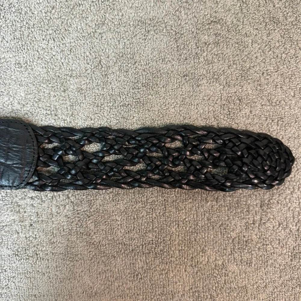 AD Black Braided Leather Belt Size 85 Wide Silver Horseshoe Buckle Boho